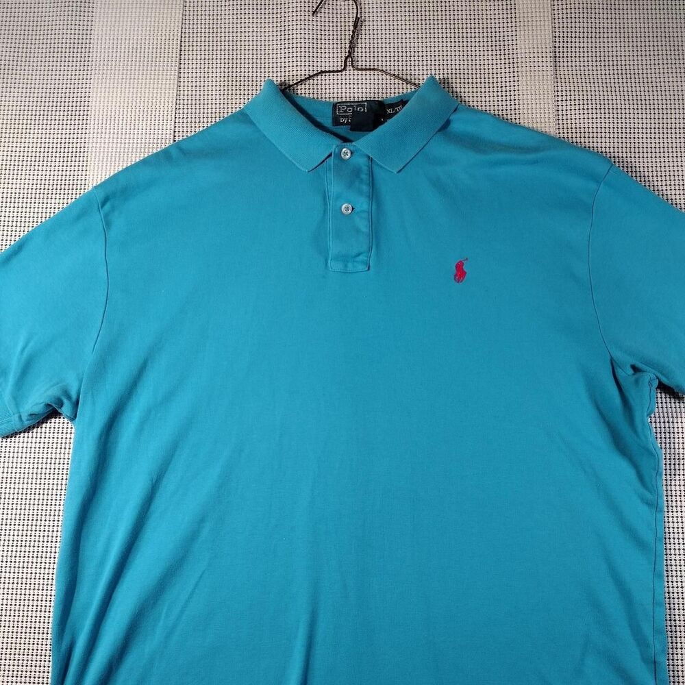 Vintage Polo Ralph Lauren Light Blue Polo Shirt Men's XL Pink Pony 100% Cotton